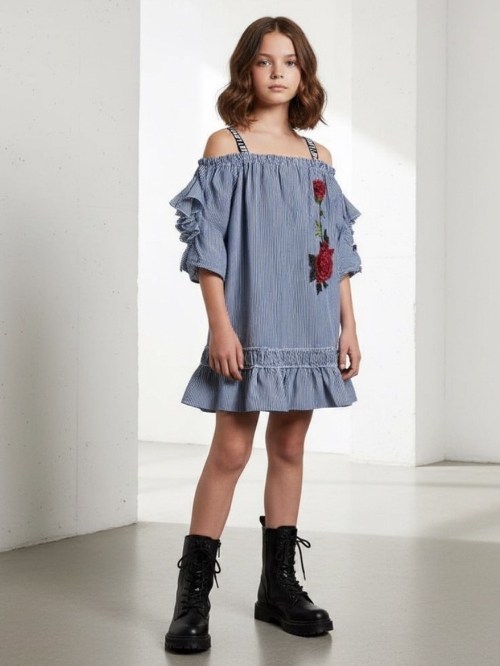 Hannah Banana Embroidered Rose Navy Blue Stripe OTS Ruffle Dress Girls 10